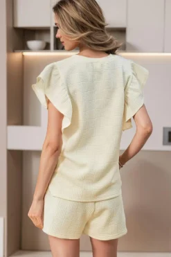 Outlet Dear-Lover Textured Ruffled Sleeve Tee and Drawstring Shorts Set Apricot
