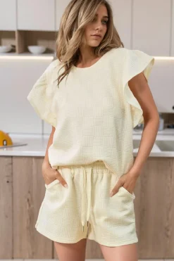 Outlet Dear-Lover Textured Ruffled Sleeve Tee and Drawstring Shorts Set Apricot