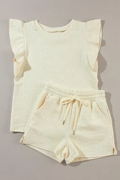 Outlet Dear-Lover Textured Ruffled Sleeve Tee and Drawstring Shorts Set Apricot