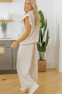 New Dear-Lover Textured Ruffled Sleeve Zipped Top and Wide Leg Pants Set Apricot