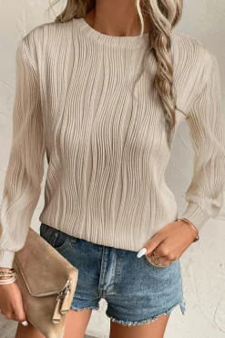 Discount Dear-Lover Textured Wavy Round Neck Long Sleeve Top Apricot