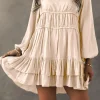Clearance Dear-Lover Tiered Ruffled Puff Sleeve Loose Fit Mini Dress Apricot