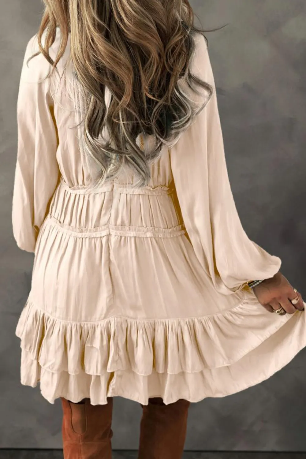 Clearance Dear-Lover Tiered Ruffled Puff Sleeve Loose Fit Mini Dress Apricot