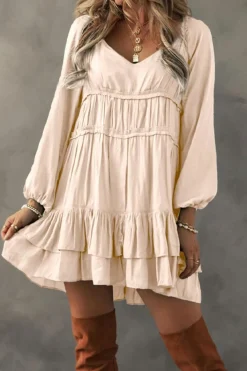 Clearance Dear-Lover Tiered Ruffled Puff Sleeve Loose Fit Mini Dress Apricot