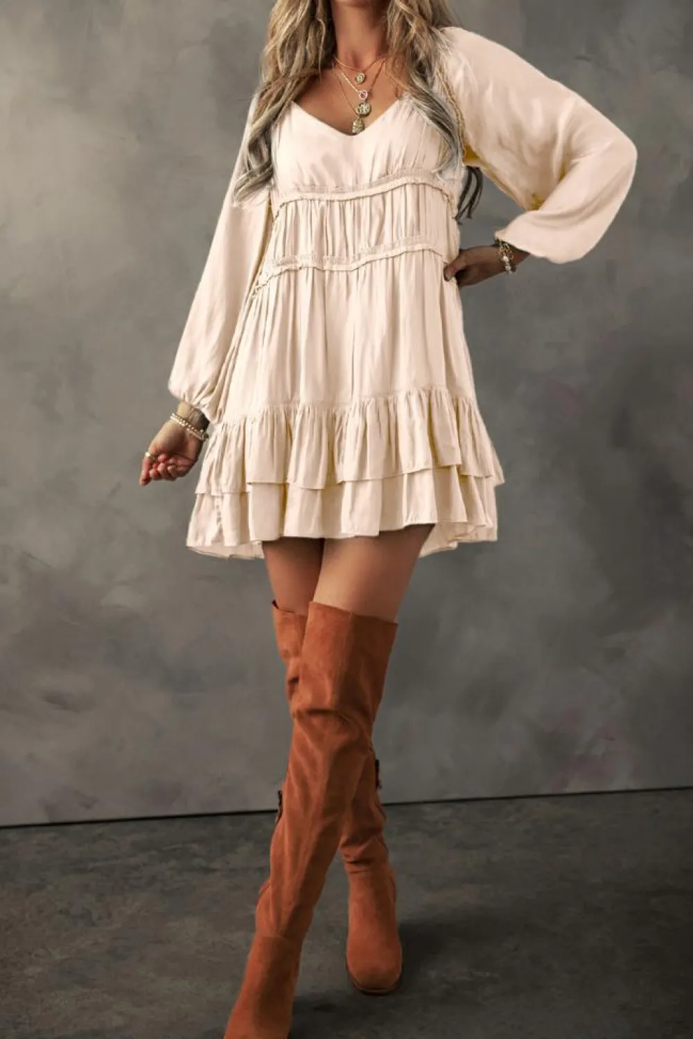 Clearance Dear-Lover Tiered Ruffled Puff Sleeve Loose Fit Mini Dress Apricot