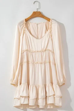 Clearance Dear-Lover Tiered Ruffled Puff Sleeve Loose Fit Mini Dress Apricot