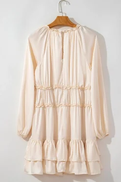 Clearance Dear-Lover Tiered Ruffled Puff Sleeve Loose Fit Mini Dress Apricot