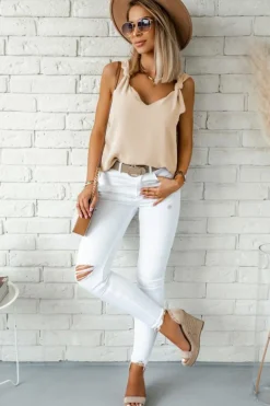 Sale Dear-Lover V Neck Knotted Shoulder Vest Apricot