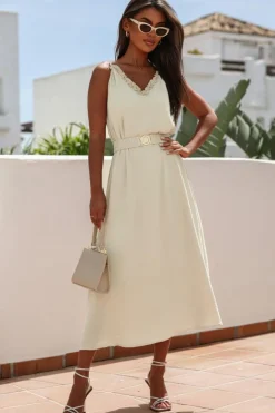 New Dear-Lover V Neck Sleeveless Maxi Dress with Elastic Belt Apricot