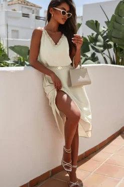 New Dear-Lover V Neck Sleeveless Maxi Dress with Elastic Belt Apricot