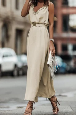 New Dear-Lover V Neck Sleeveless Maxi Dress with Elastic Belt Apricot