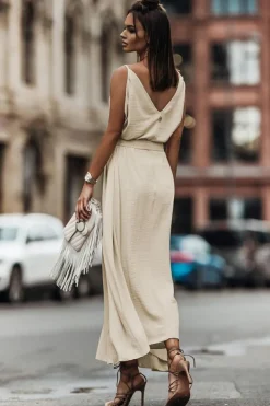 New Dear-Lover V Neck Sleeveless Maxi Dress with Elastic Belt Apricot