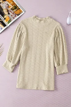 Discount Dear-Lover Vintage Textured Puff Sleeve Mock Neck Top Apricot
