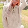 Sale Dear-Lover Waffle Knit Buttons Hooded Sweater with Pocket Apricot