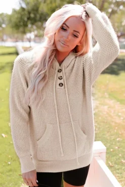 Sale Dear-Lover Waffle Knit Buttons Hooded Sweater with Pocket Apricot