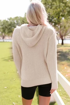 Sale Dear-Lover Waffle Knit Buttons Hooded Sweater with Pocket Apricot