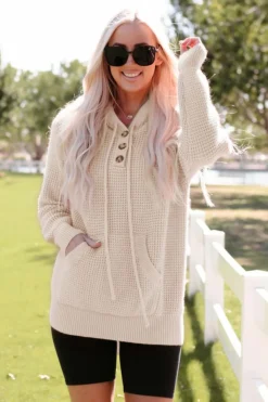 Sale Dear-Lover Waffle Knit Buttons Hooded Sweater with Pocket Apricot
