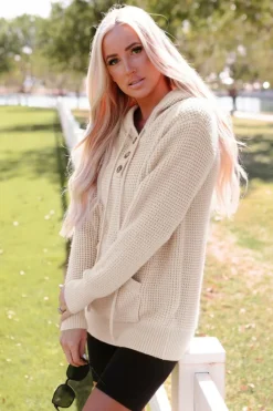 Sale Dear-Lover Waffle Knit Buttons Hooded Sweater with Pocket Apricot