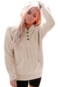 Sale Dear-Lover Waffle Knit Buttons Hooded Sweater with Pocket Apricot
