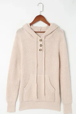 Sale Dear-Lover Waffle Knit Buttons Hooded Sweater with Pocket Apricot