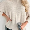 Online Dear-Lover Waffle Knit Splits Batwing Sleeve Oversized Top Apricot