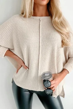 Online Dear-Lover Waffle Knit Splits Batwing Sleeve Oversized Top Apricot