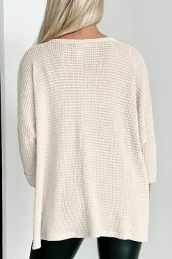 Online Dear-Lover Waffle Knit Splits Batwing Sleeve Oversized Top Apricot