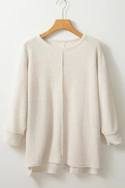 Online Dear-Lover Waffle Knit Splits Batwing Sleeve Oversized Top Apricot