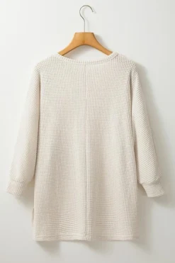 Online Dear-Lover Waffle Knit Splits Batwing Sleeve Oversized Top Apricot