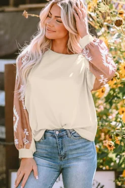 Fashion Dear-Lover Western Print Patch Long Sleeve Top Apricot