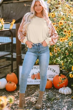 Fashion Dear-Lover Western Print Patch Long Sleeve Top Apricot