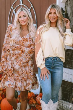 Fashion Dear-Lover Western Print Patch Long Sleeve Top Apricot