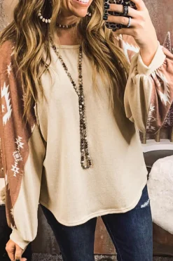 Fashion Dear-Lover Western Print Patch Long Sleeve Top Apricot