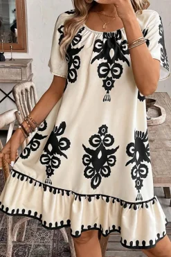 Sale Dear-Lover Western Print Ruffled Short Sleeve Loose Dress Apricot