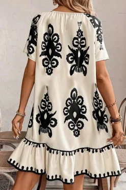 Sale Dear-Lover Western Print Ruffled Short Sleeve Loose Dress Apricot