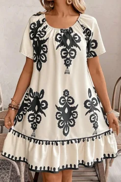Sale Dear-Lover Western Print Ruffled Short Sleeve Loose Dress Apricot