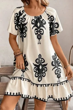 Sale Dear-Lover Western Print Ruffled Short Sleeve Loose Dress Apricot