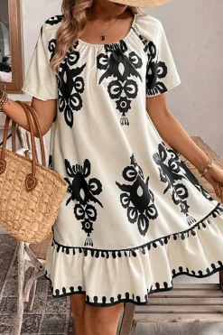 Sale Dear-Lover Western Print Ruffled Short Sleeve Loose Dress Apricot