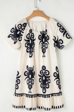 Sale Dear-Lover Western Print Ruffled Short Sleeve Loose Dress Apricot