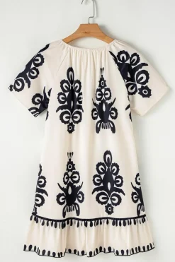 Sale Dear-Lover Western Print Ruffled Short Sleeve Loose Dress Apricot