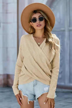 New Dear-Lover Wrap V Neck Waffle Sweater Apricot