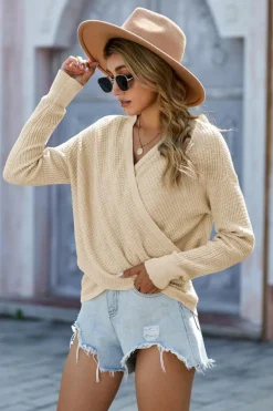 New Dear-Lover Wrap V Neck Waffle Sweater Apricot