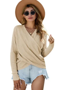 New Dear-Lover Wrap V Neck Waffle Sweater Apricot
