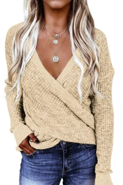 New Dear-Lover Wrap V Neck Waffle Sweater Apricot