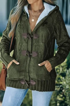 Outlet Dear-Lover Army Fur Hood Horn Button Sweater Cardigan Green
