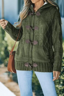 Outlet Dear-Lover Army Fur Hood Horn Button Sweater Cardigan Green