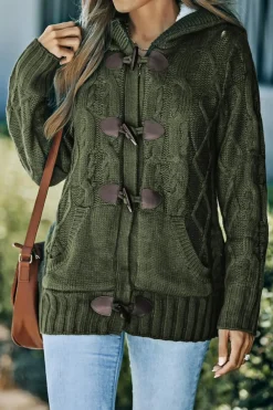 Outlet Dear-Lover Army Fur Hood Horn Button Sweater Cardigan Green