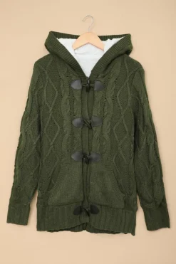Outlet Dear-Lover Army Fur Hood Horn Button Sweater Cardigan Green