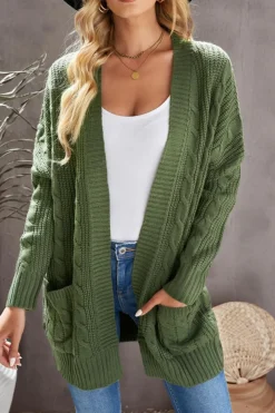 Sale Dear-Lover Army Knit Texture Long Cardigan Green