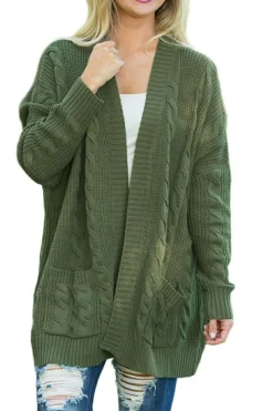 Sale Dear-Lover Army Knit Texture Long Cardigan Green